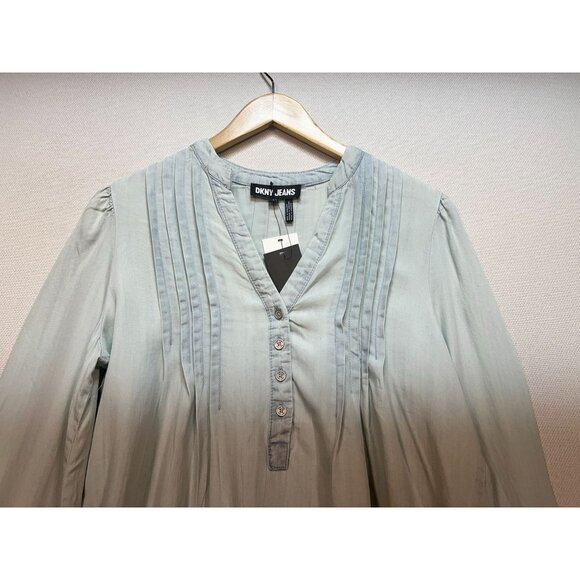 NWT DKNY Jeans Womens Blouse Small Light Washed Blue Denim Long Sleeve Pintuck - Picture 6 of 13